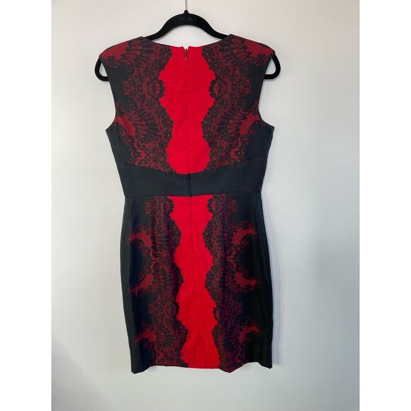 New York & Company Lace Print Shift Dress Cap Sleeve Red Black Women's Size 4 - Picture 8 of 11